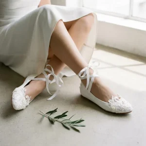 Elegant White Lace & Pearl Bridal Ballet Flats with Ribbon Ties for Wedding Day Comfort