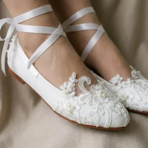 Elegant White Lace & Pearl Bridal Ballet Flats with Ribbon Ties for Wedding Day Comfort