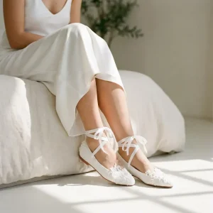 Elegant White Lace & Pearl Bridal Ballet Flats with Ribbon Ties for Wedding Day Comfort