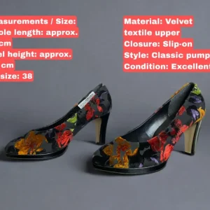 Vintage 90s Gabor Floral Velvet Heels - Elegant Black Mid Heel Pumps, Size 38
