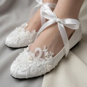 Elegant White Lace & Pearl Bridal Ballet Flats with Ribbon Ties for Wedding Day Comfort