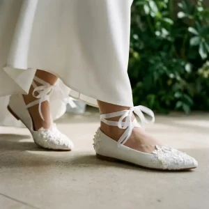 Elegant White Lace & Pearl Bridal Ballet Flats with Ribbon Ties for Wedding Day Comfort