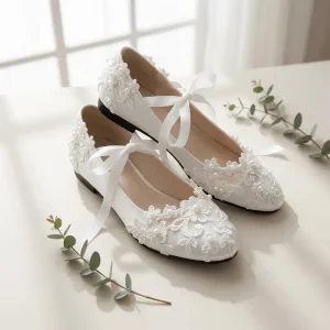 Elegant White Lace & Pearl Bridal Ballet Flats with Ribbon Ties for Wedding Day Comfort