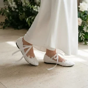 Elegant White Lace & Pearl Bridal Ballet Flats with Ribbon Ties for Wedding Day Comfort