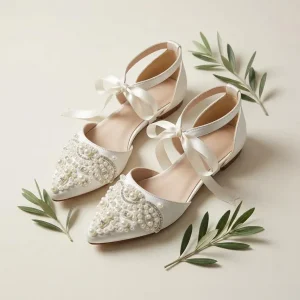 Graceful Pearl Satin Bridal Flats with Ribbon Ties – Pointed Wedding Shoes for Lasting Comfort