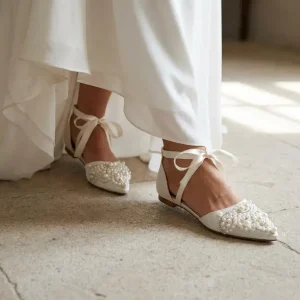 Graceful Pearl Satin Bridal Flats with Ribbon Ties – Pointed Wedding Shoes for Lasting Comfort