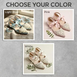Graceful Pearl Satin Bridal Flats with Ribbon Ties – Pointed Wedding Shoes for Lasting Comfort