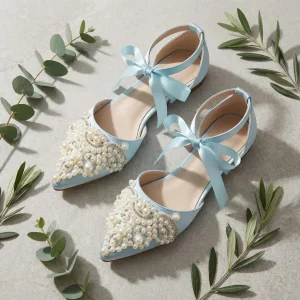 Graceful Pearl Satin Bridal Flats with Ribbon Ties – Pointed Wedding Shoes for Lasting Comfort