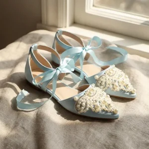 Graceful Pearl Satin Bridal Flats with Ribbon Ties – Pointed Wedding Shoes for Lasting Comfort