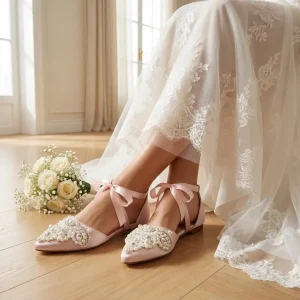 Graceful Pearl Satin Bridal Flats with Ribbon Ties – Pointed Wedding Shoes for Lasting Comfort