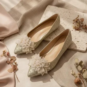 Sparkling Gold Wedding Flats with Beaded Bows for All-Day Comfort