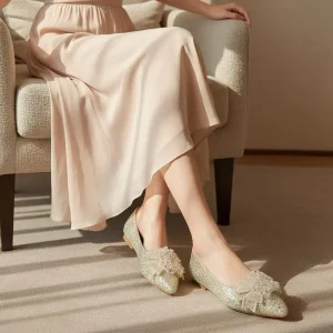 Sparkling Gold Wedding Flats with Beaded Bows for All-Day Comfort