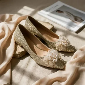 Sparkling Gold Wedding Flats with Beaded Bows for All-Day Comfort