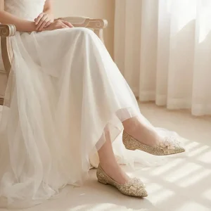 Sparkling Gold Wedding Flats with Beaded Bows for All-Day Comfort