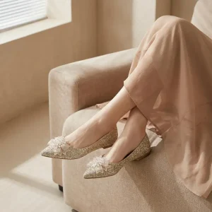 Sparkling Gold Wedding Flats with Beaded Bows for All-Day Comfort