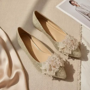 Sparkling Gold Wedding Flats with Beaded Bows for All-Day Comfort