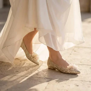 Sparkling Gold Wedding Flats with Beaded Bows for All-Day Comfort