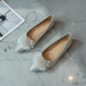 Sparkling Gold Wedding Flats with Beaded Bows for All-Day Comfort