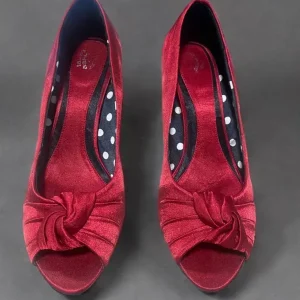 Elegant Red Satin Peep Toe Heels | Laura Ashley Vintage EU 38 | Bridgerton Style Kitten Heels